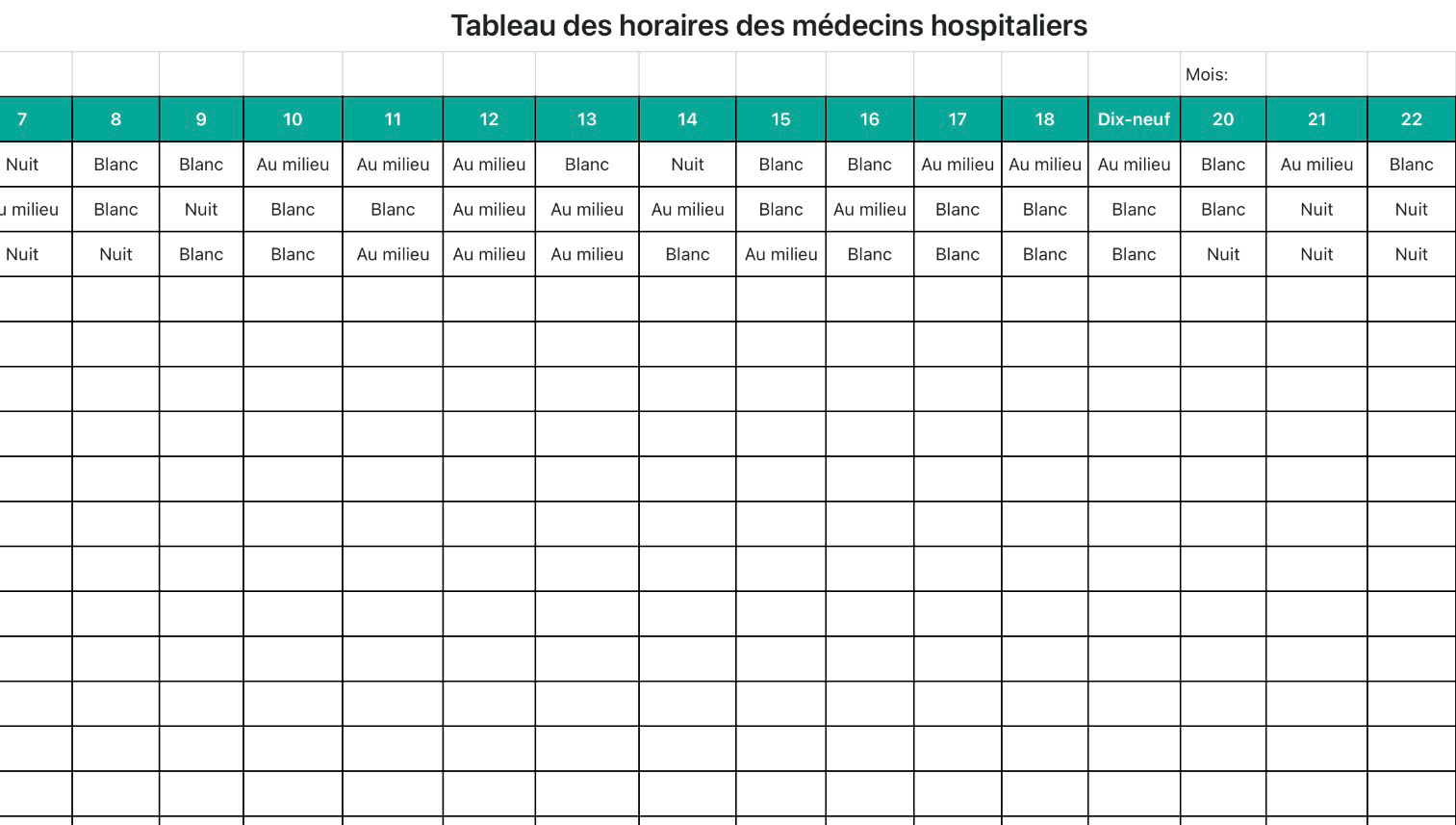 Tableau des horaires des médecins hospitaliers